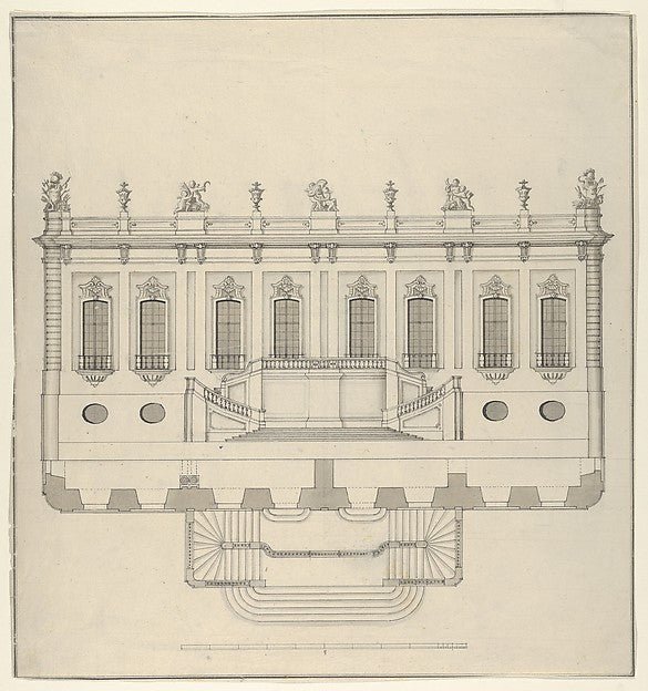 Anonymous , Italian 18th century:Design for a Palace Façade c1700, vintage artwork, 16x12"(A3) Poster Print