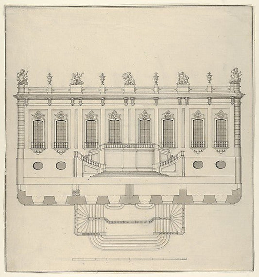 Anonymous , Italian 18th century:Design for a Palace Façade c1700, vintage artwork, 16x12"(A3) Poster Print
