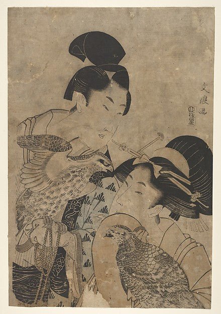 Anonymous, Japanese, 19th Century:Two women with falcons 19th Century, vintage artwork, 16x12"(A3) Poster Print