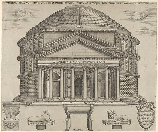 Anonymous:Elevation of the Pantheon in Rome reconstructed to its original form 1549, vintage artwork, 16x12"(A3) Poster Print