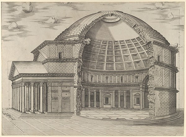 Anonymous:Reconstruction of the Pantheon in Rome seen from the side cut away to reveal the interior 1553, vintage artwork, 16x12"(A3) Poster Print