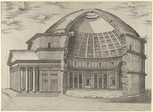 Anonymous:Reconstruction of the Pantheon in Rome seen from the side cut away to reveal the interior 1553, vintage artwork, 16x12"(A3) Poster Print