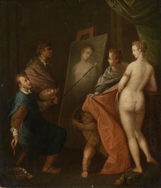 Apelles painting the hetaera Campaspe in the presence of Alexander the Great, vintage artwork by Joos van Winghe, A3 (16x12") Poster Print