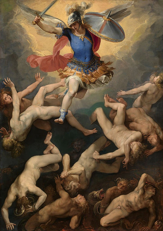 Archangel Michael and the Rebel Angels, vintage artwork by Giuseppe Cesari, 12x8" (A4) Poster