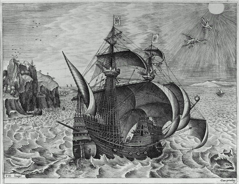 Armed Three-Master with Daedalus and Icarus in the Sky Icarus, vintage artwork by Pieter Bruegel the Elder, A3 (16x12") Poster Print