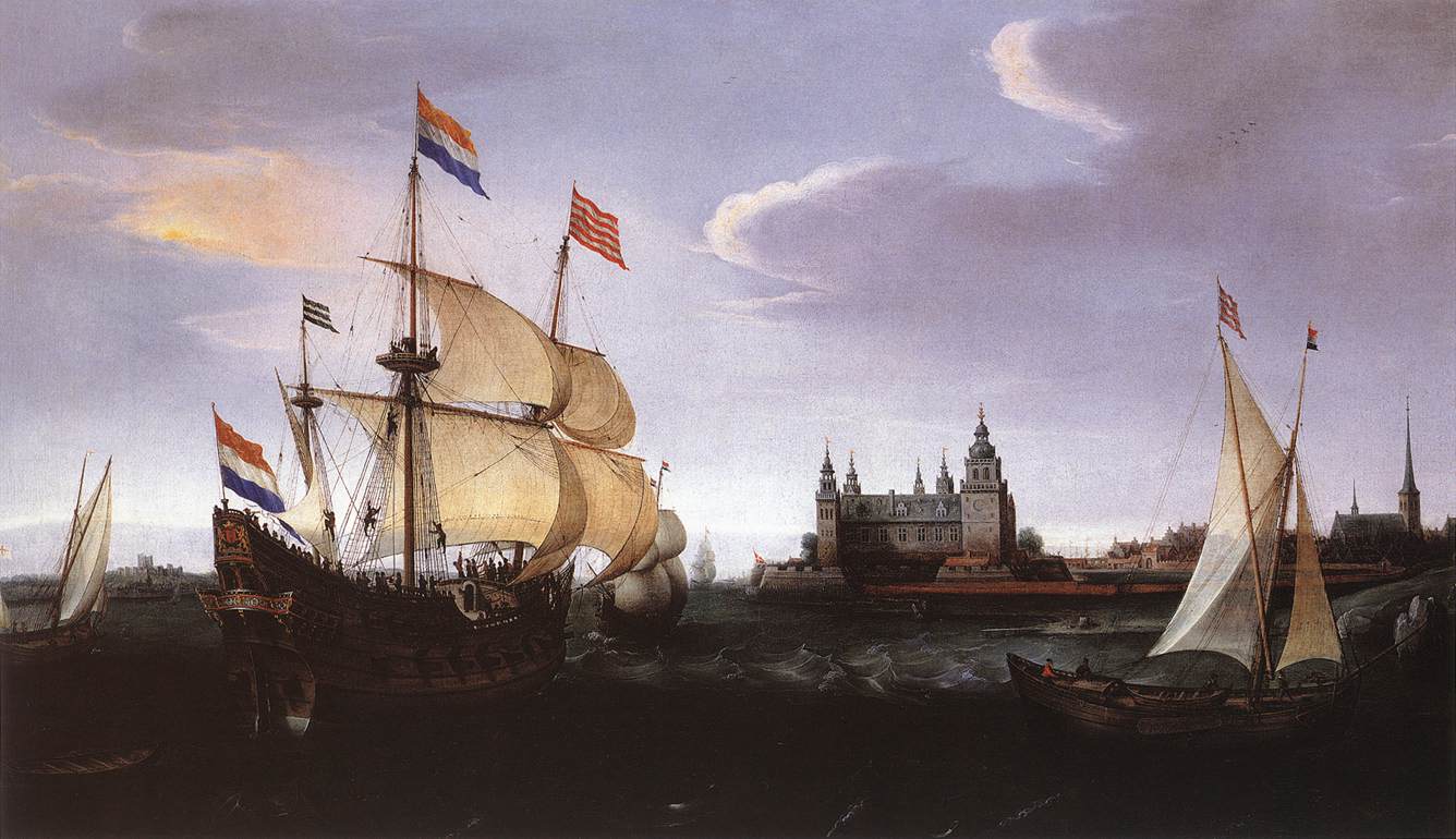 Arrival of a Dutch Three-master at Schloss Kronberg, vintage artwork by Hendrick Vroom, A3 (16x12") Poster Print