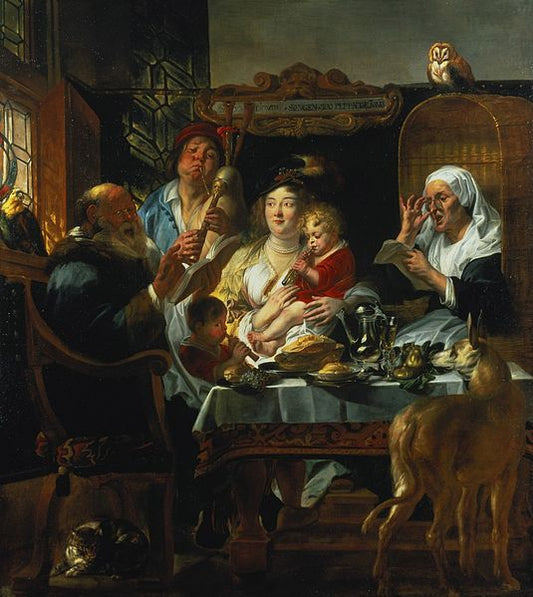 As the Old Sang, so the Young Pipe, vintage artwork by Jacob Jordaens, 12x8" (A4) Poster