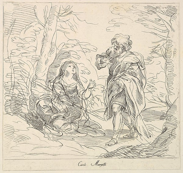 Attributed to Giuseppe Canale , After Carlo Maratti:Seated woman and Bearded Man in a Landscape 1740–1802, vintage artwork, 16x12"(A3) Poster Print