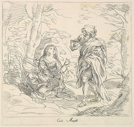Attributed to Giuseppe Canale , After Carlo Maratti:Seated woman and Bearded Man in a Landscape 1740–1802, vintage artwork, 16x12"(A3) Poster Print