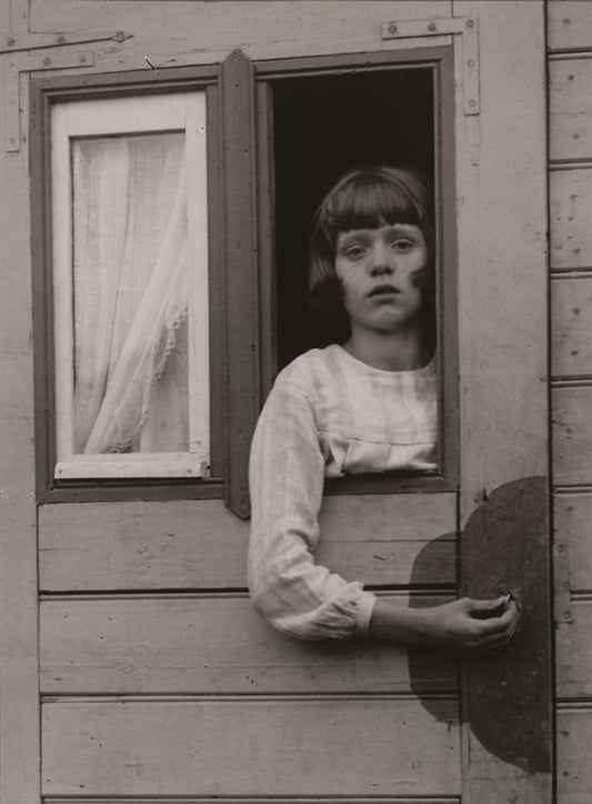 August Sander - Young Girl in Circus Caravan, vintage historic photograph, modern poster print