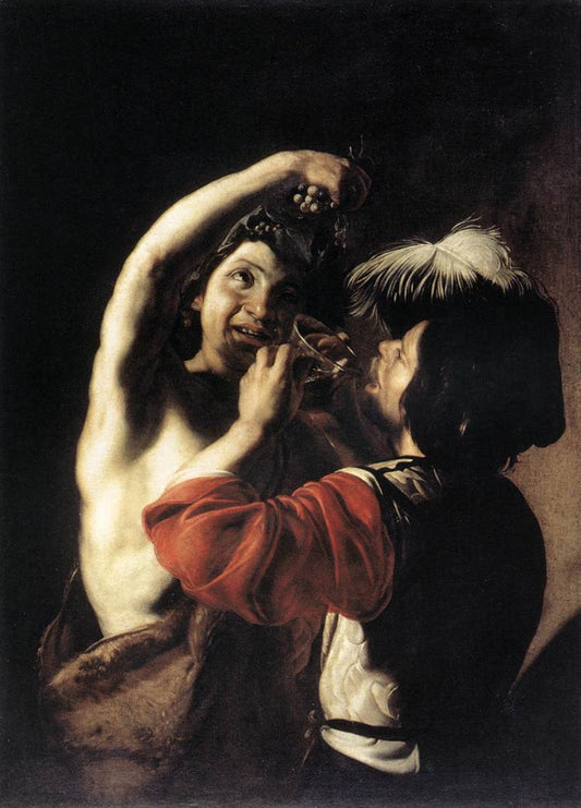 Bacchus and a Drinker, vintage artwork by Bartolomeo Manfredi, 12x8" (A4) Poster