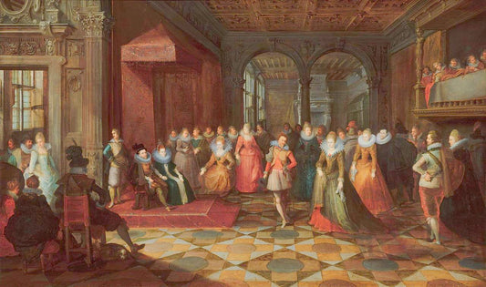 Ballroom Scene at a Court in Brussels, vintage artwork by Frans Francken the Younger, 12x8" (A4) Poster
