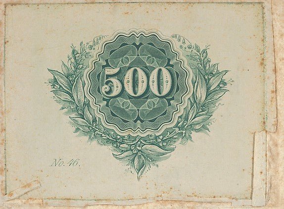 Banknote motif: number 500 at the center of a circular design , vintage art, A3 (16x12") Poster Print