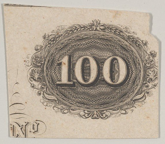 Banknote motif: the number 100 against an ornamental lathe wor, vintage art, A3 (16x12") Poster Print