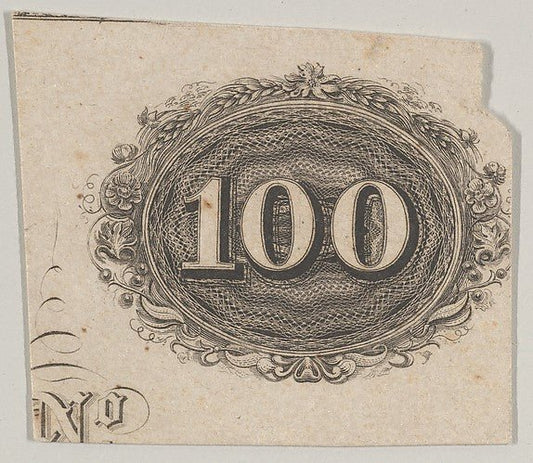 Banknote motif: the number 100 against an ornamental lathe wor, vintage art, A3 (16x12") Poster Print