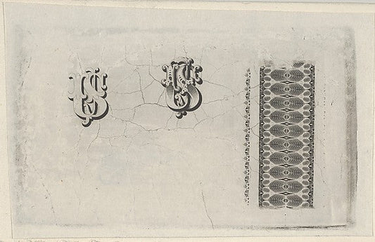 Banknote motifs: band of lathe work ornament and two monograms, vintage art, A3 (16x12") Poster Print