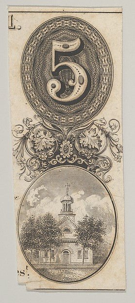 Banknote motifs: the number 5 and a building topped with a cup, vintage art, A3 (16x12") Poster Print