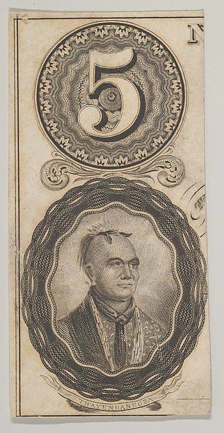Banknote motifs: the number 5 and a portrait of Thayendanegea , vintage art, A3 (16x12") Poster Print