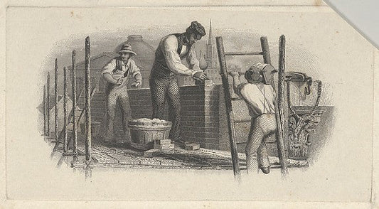 Banknote vignette showing three men on a scaffold laying a bri, vintage art, A3 (16x12") Poster Print
