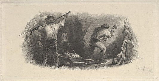 Banknote vignette showing two men working in a mine c1824–37-A, vintage art, A3 (16x12") Poster Print