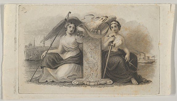 Banknote vignette with female figures representing Liberty and, vintage art, A3 (16x12") Poster Print