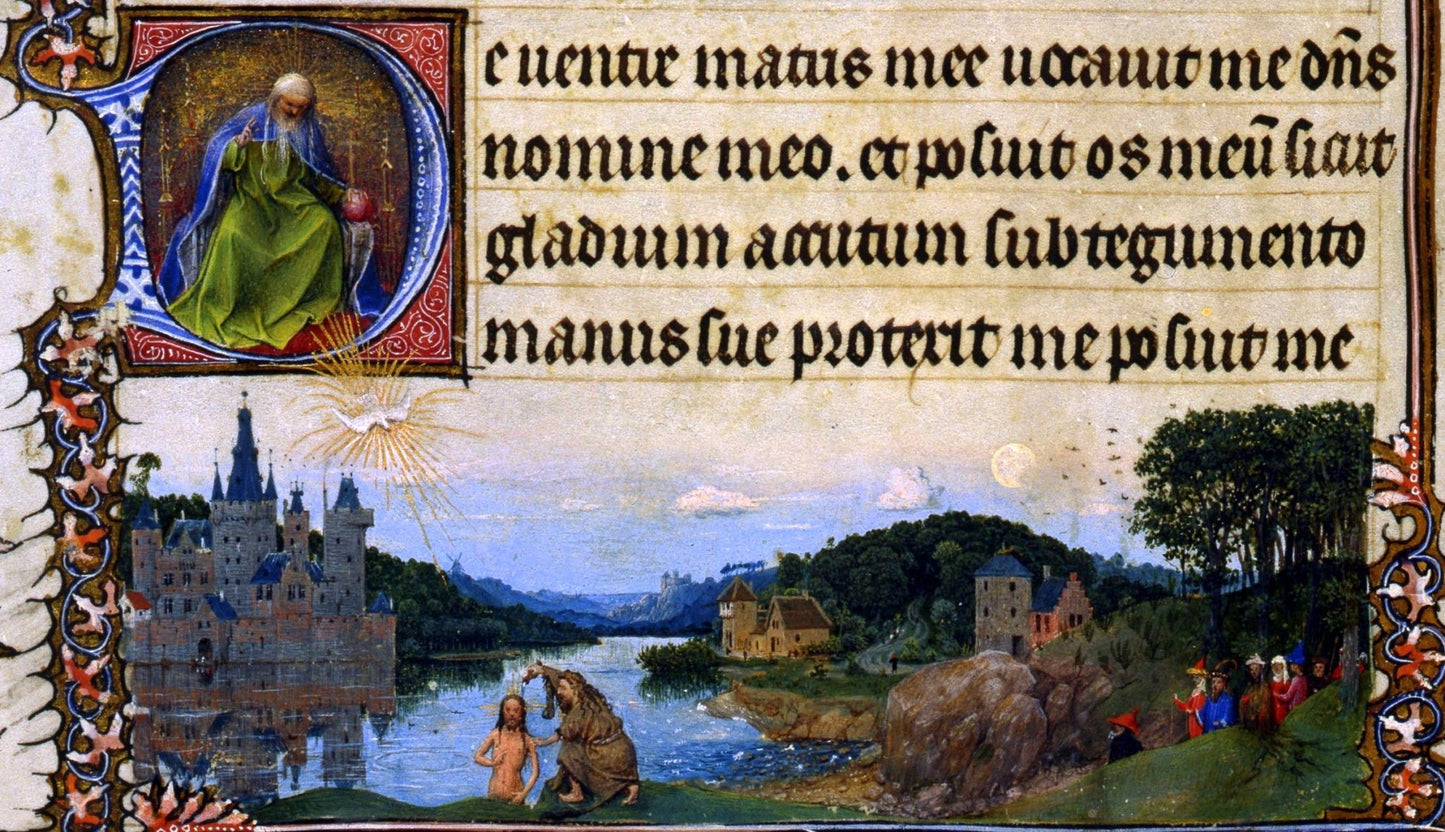 Baptism of Christ (detail of a page in the 'Heures de Turin'), vintage artwork by Jan van Eyck, A3 (16x12") Poster Print