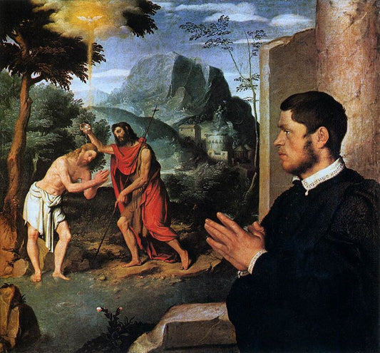 Baptism of Christ with a Donor, vintage artwork by Giovanni Battista Moroni, A3 (16x12") Poster Print