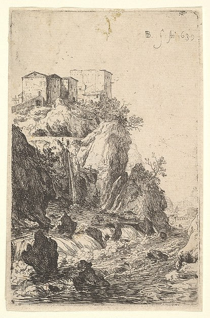 Bartholomeus Breenbergh:Cascades near Ponte della Trave with buildings on a rocky outcrop above from the series 'The Ruins of Rome' 1639, vintage artwork, 16x12"(A3) Poster Print