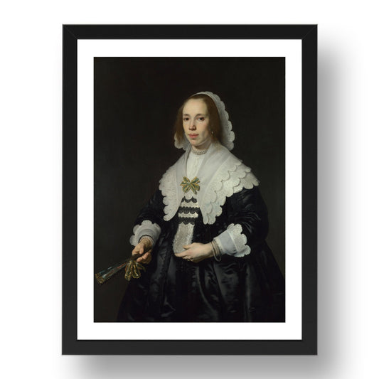 Bartholomeus van der Helst: Portrait of a Lady in Black Satin with a Fan, Poster in 17x13"(A3) Frame