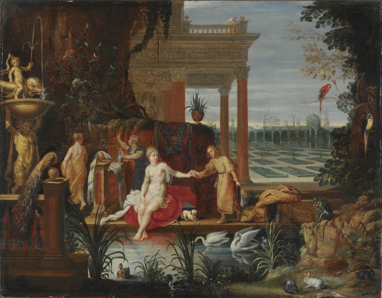 Bathseba in the Bath Receiving the Letter from King David, vintage artwork by Hendrick van Balen, 12x8" (A4) Poster