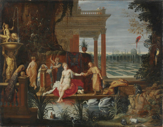 Bathseba in the Bath Receiving the Letter from King David, vintage artwork by Hendrick van Balen, 12x8" (A4) Poster