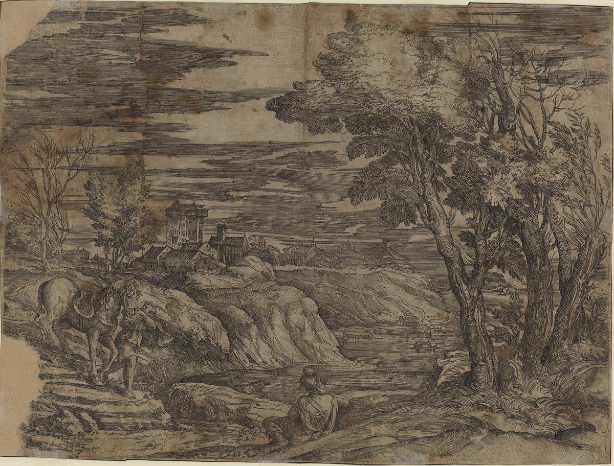 Battista Franco after Titian:Landscape with a Man Leading a ,16x12"(A3) Poster