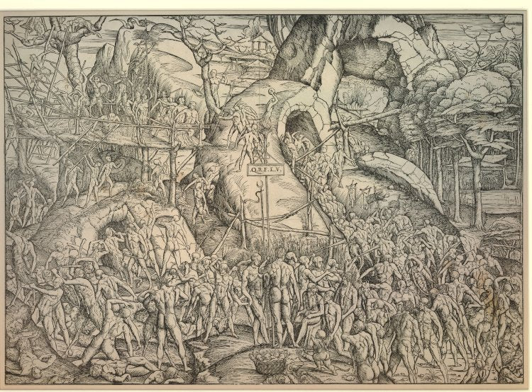 Battle between men and satyrs, with numerous figures fighting in a rocky landscape, vintage artwork by Jacopo de' Barbari, A3 (16x12") Poster Print