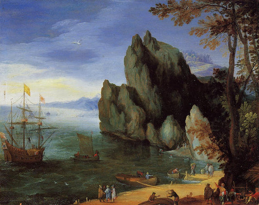 Bay with Ship of War, vintage artwork by Jan Brueghel the Elder, 12x8" (A4) Poster