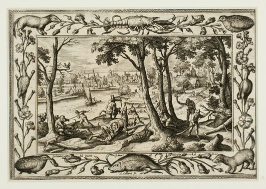 Bear Hunt, from Landscapes with Old and New Testament Scenes and Hunting Scenes by  Adriaen Collaert (Flemish, c. 1560–1618) , 23x16"( A2 size) Poster Print