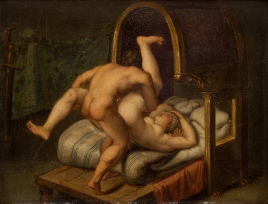 Bedroom Scene with a Man and Woman, vintage artwork by Agostino Carracci, A3 (16x12") Poster Print