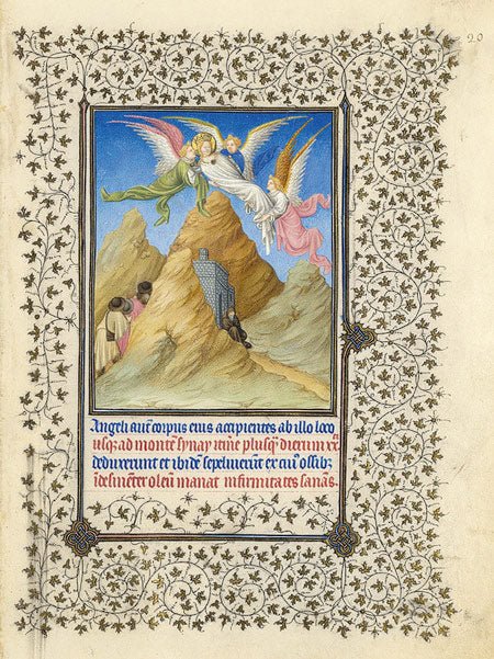 Belles Heurs du Duc de Berry ~ Angels Carry the Corpse of Saint Catharine Over Mount Sinai, vintage artwork by Limbourg brothers, A3 (16x12") Poster Print