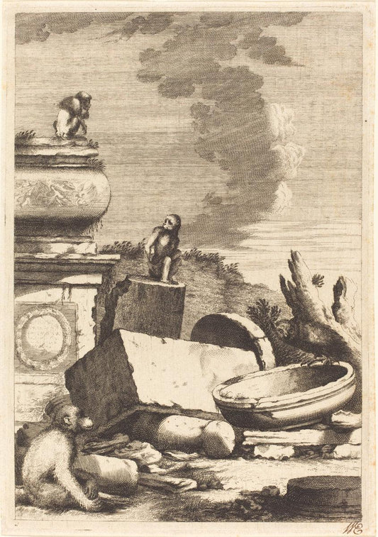 Bernhard Zaech after Jonas Umbach:Ruins with Monkeys and an ,16x12"(A3) Poster