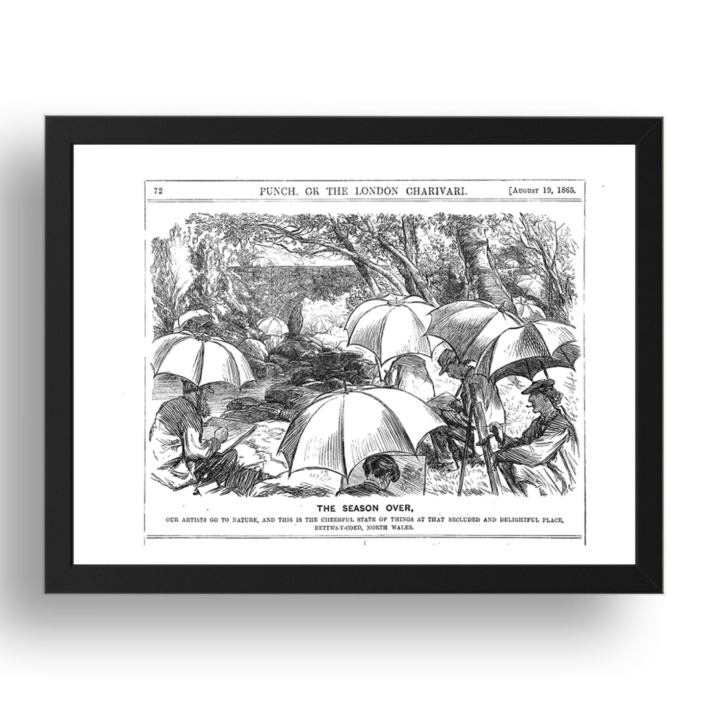 bettys y coed wales umbrellas artist satire cartoon  1865, vintage historic poster in 17x13"(A3) Frame