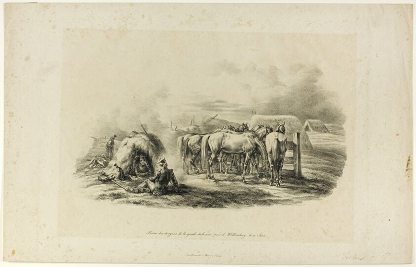 Bivouac of the Dragons of the Italian Guard near Wittenberg on the Tenth of June by  Albrecht Adam (German, 1786-1862), 23x16"( A2 size) Poster Print