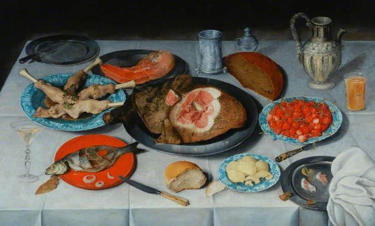 Breakfast Piece with a Fish, Ham and Cherries, vintage artwork by Jacob van Hulsdonck, 12x8" (A4) Poster