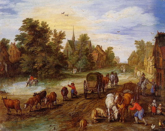 Busy Village Street with Resting Travellers, vintage artwork by Jan Brueghel the Elder, 12x8" (A4) Poster
