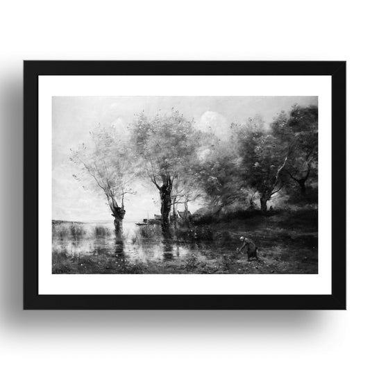 Camille Corot: A Pond in Picardy (ca. 1867), vintage artwork, A3 Size Reproduction Poster Print in 17x13" Black Frame