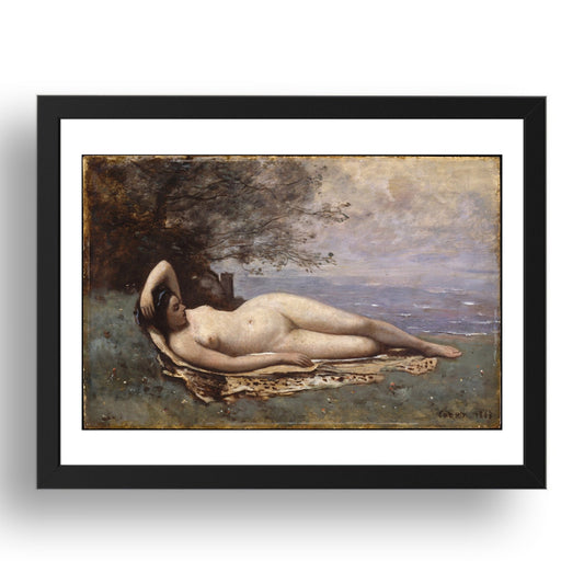 Camille Corot: Bacchante by the Sea (1865), vintage artwork, A3 Size Reproduction Poster Print in 17x13" Black Frame