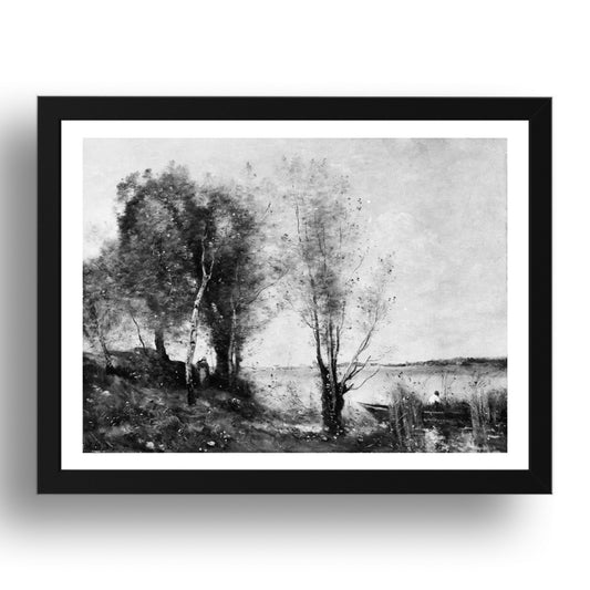 Camille Corot: Boatman among the Reeds (1860 65), vintage artwork, A3 Size Reproduction Poster Print in 17x13" Black Frame