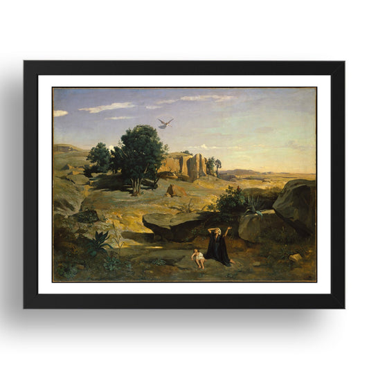 Camille Corot: Hagar in the Wilderness (1835), vintage artwork, A3 Size Reproduction Poster Print in 17x13" Black Frame