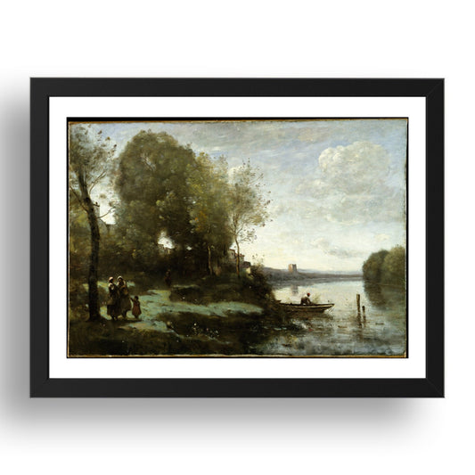 Camille Corot: River with a Distant Tower (1865), vintage artwork, A3 Size Reproduction Poster Print in 17x13" Black Frame