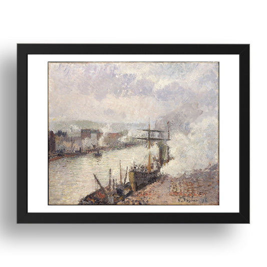Camille Pissarro: Steamboats in the Port of Rouen (1896), vintage artwork, A3 Size Reproduction Poster Print in 17x13" Black Frame