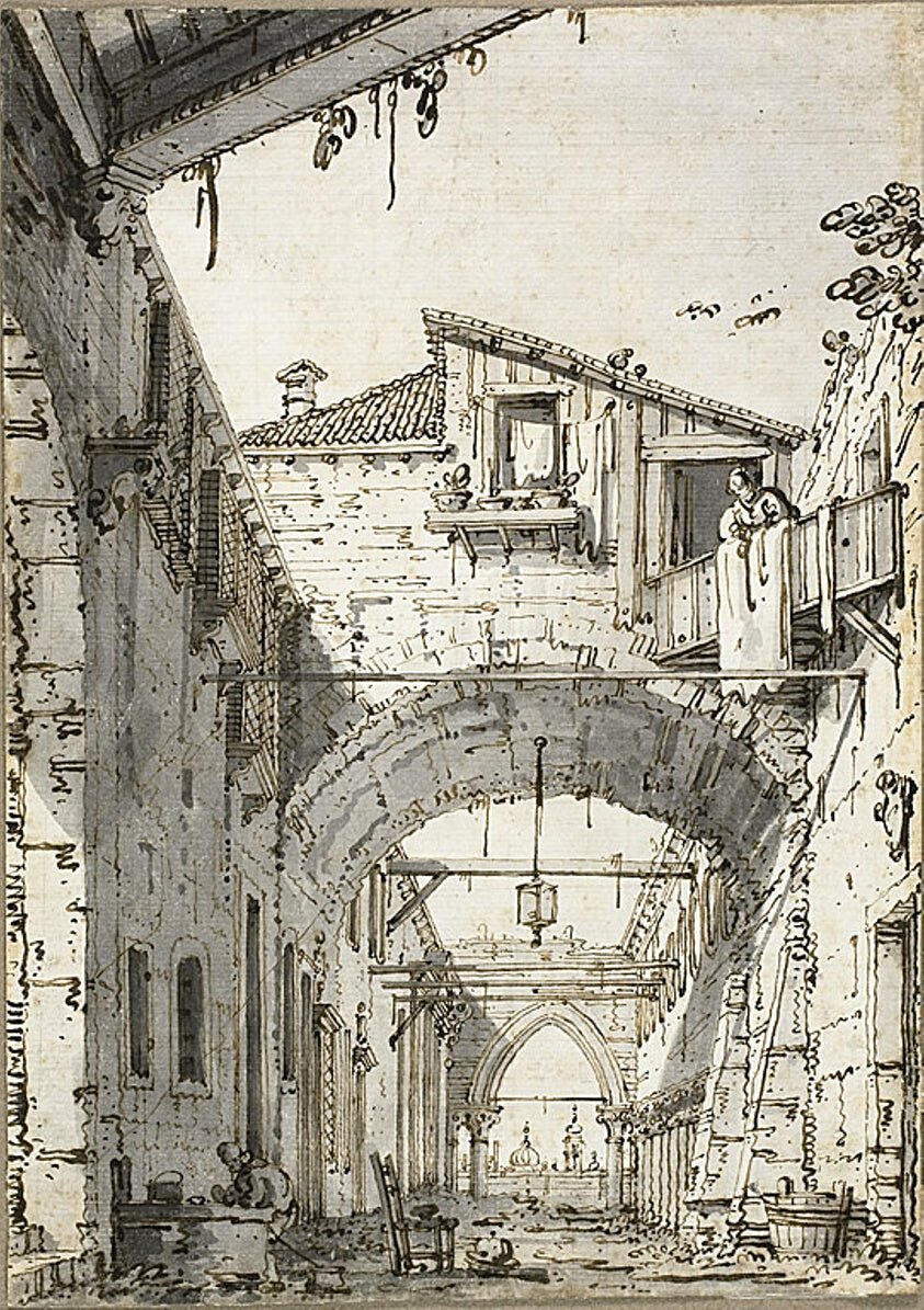 Capriccio by  A Street Crossed by  Arches (recto) Sketches of Doorway, Staircase and Second Floor of Building(verso) by  Canaletto, 23x16"( A2 size) Poster Print