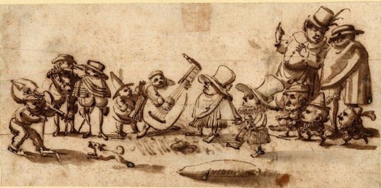 Caricature of Street Musicians Being Watched by  Spectators, vintage artwork by Francesco Albani, 12x8" (A4) Poster